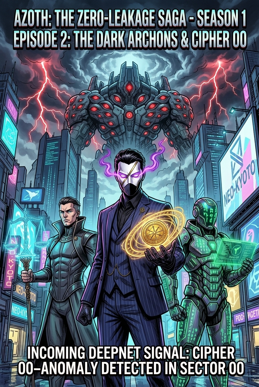 AZOTH Season 1 Episode 2 Cover Artwork — Master Azoth, Solon, and Athena confronting the dark archon storm over Neo-Kyoto
