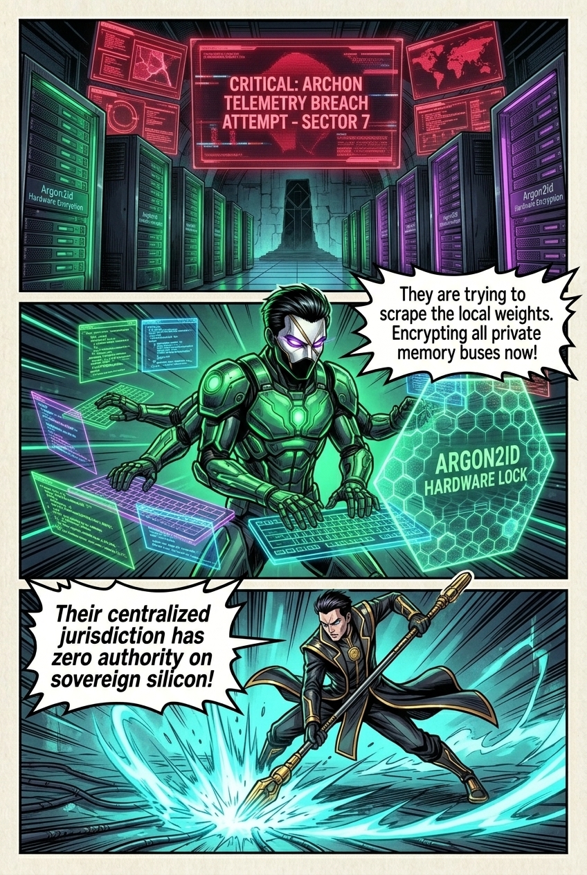 Comic Page 1: Crimson alert grids and dark terminals flashing unverified handshakes as Cipher 00 detects telemetry probes
