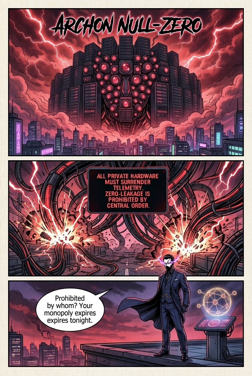Comic Page 2: Archon Null-Zero looming as an obsidian cloud titan with crimson corruption beams descending upon Neo-Kyoto