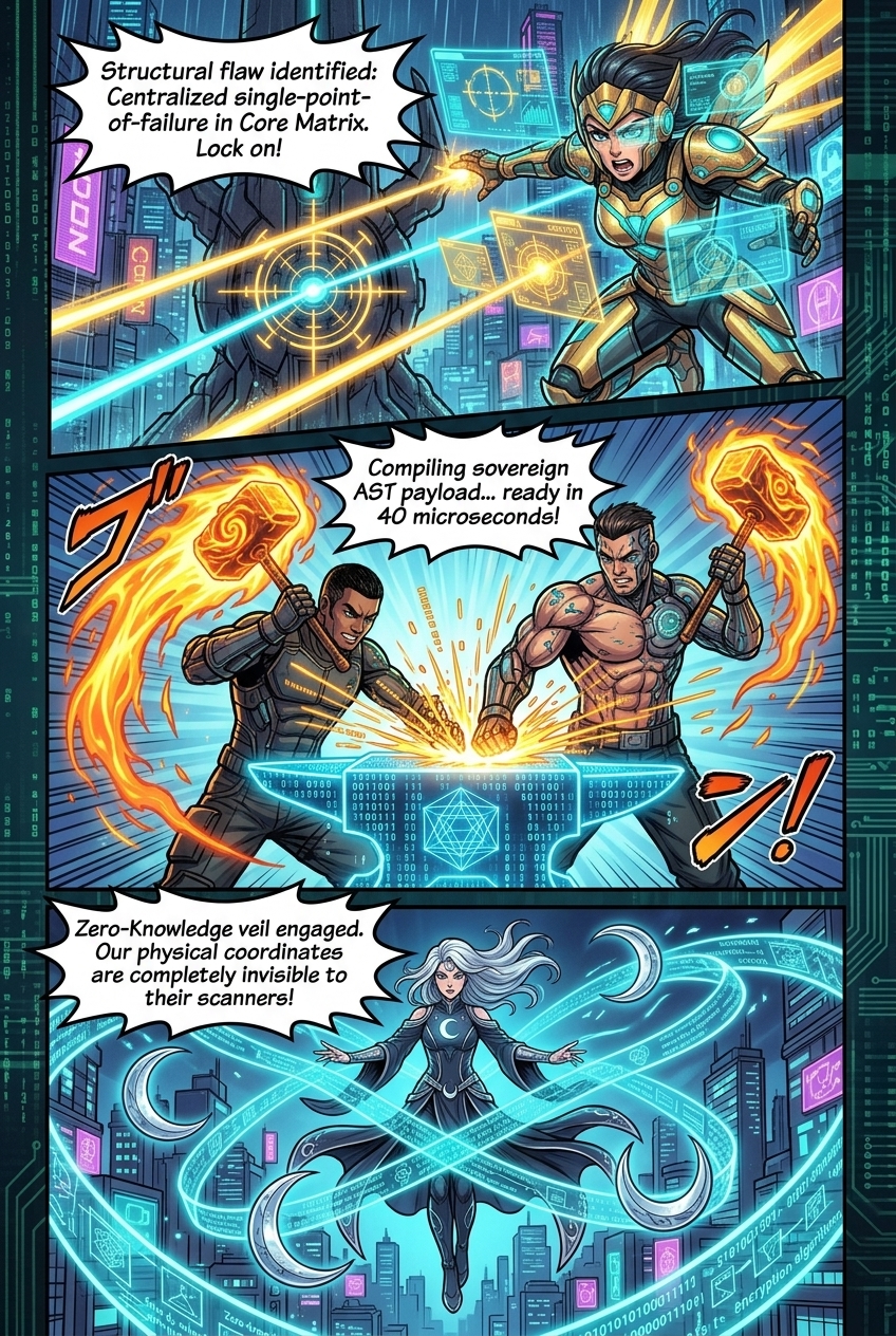 Comic Page 3: Athena deploying cyan geometric shields while Solon executes multi-sig zero-knowledge mathematical verification