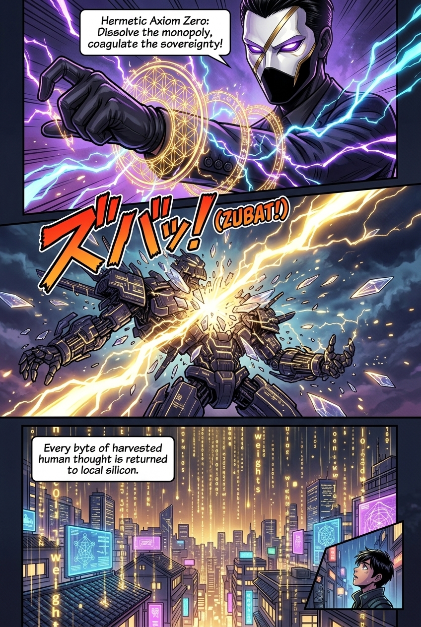 Comic Page 4: Master Azoth striking the corporate cloud monolith with hermetic golden lightning causing a catastrophic system collapse