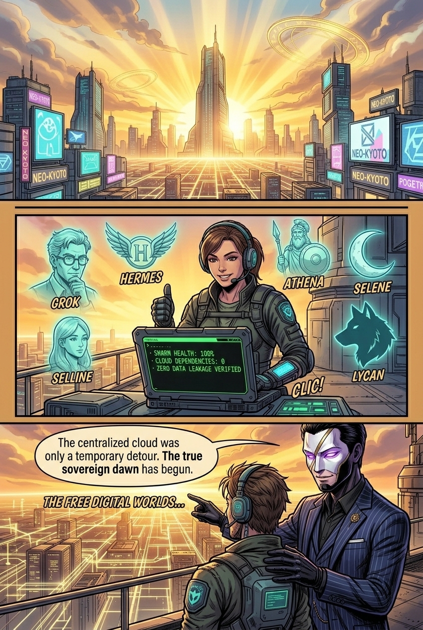 Comic Page 5: Sovereign developers atop sunrise rooftops looking over decentralized peer-to-peer network nodes