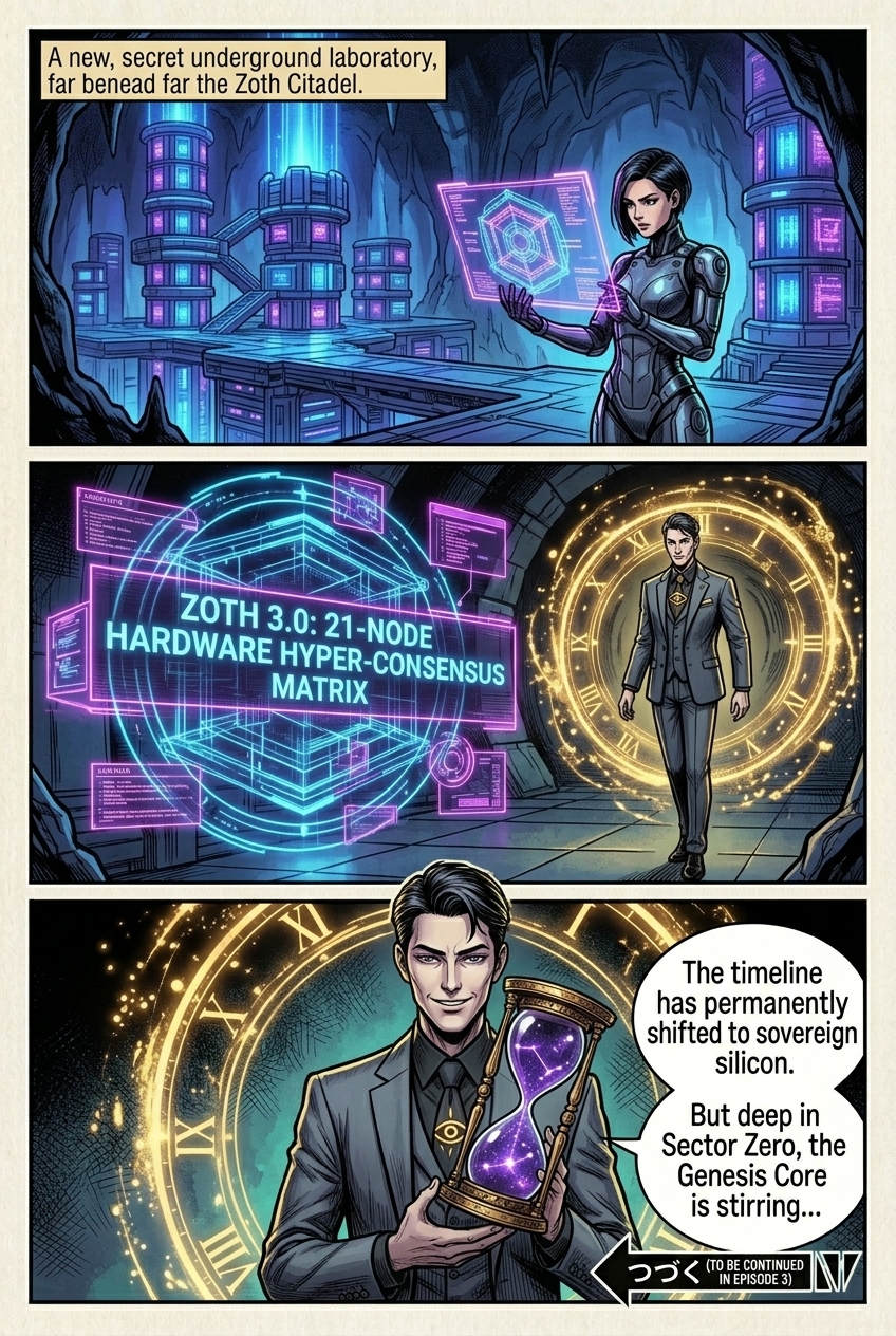 Comic Page 6 Post-Credits: Deep subterranean quantum vault where a celestial astrolabe pulses with multi-model consensus coordinates