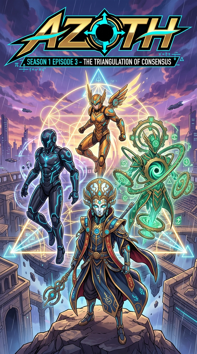 AZOTH Season 1 Episode 3 Cover Artwork: The Three Pillars and Master Azoth assemble inside the golden holographic consensus ring