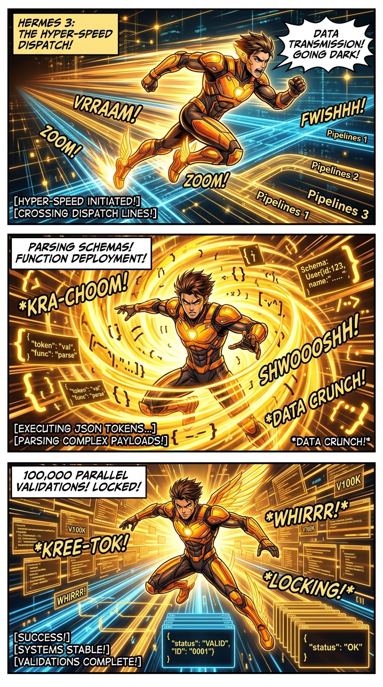 Hermes 3 Evaluates 100,000 JSON Schemas across glowing amber hyperlanes