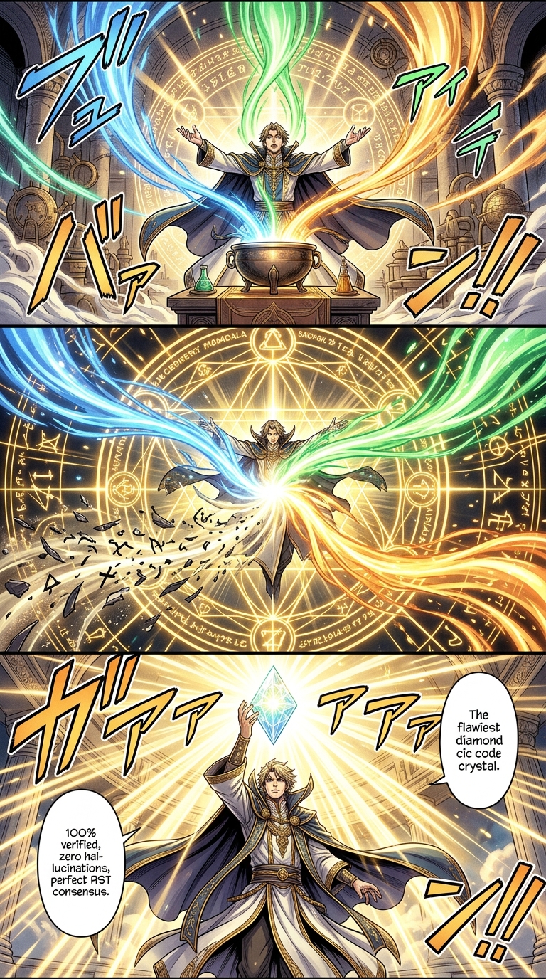 Master Azoth Solve et Coagula Consensus Fusion fusing cyan, emerald, and amber beams into golden crystal