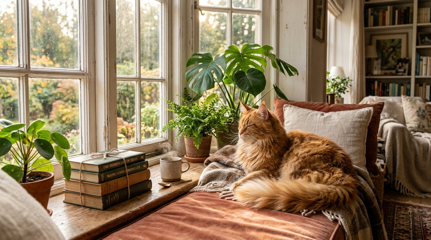Majestic Maine Coon cat resting in sunlit bay window