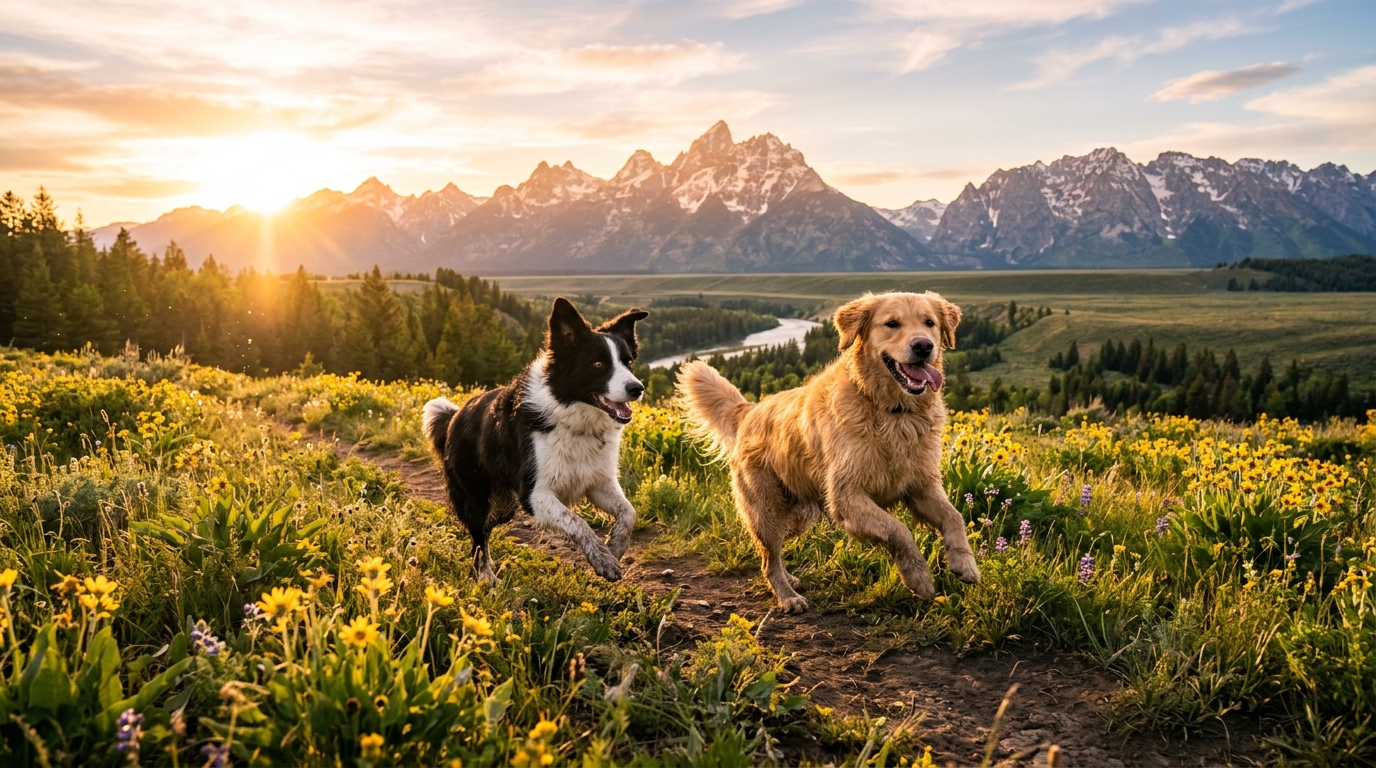 Energetic dogs running in mountain wildflower meadow