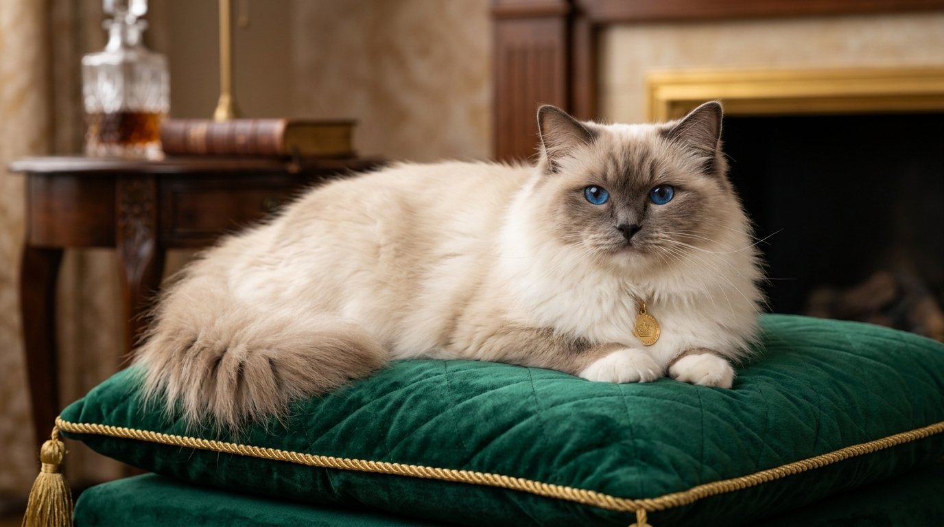 Ragdoll Cat on emerald cushion