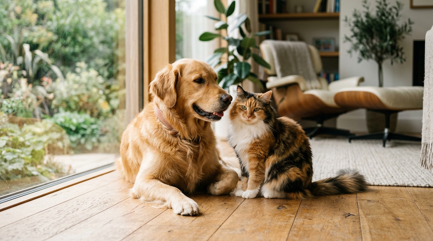 Majestic golden retriever dog and calico cat resting harmoniously in sunlit architectural sanctuary