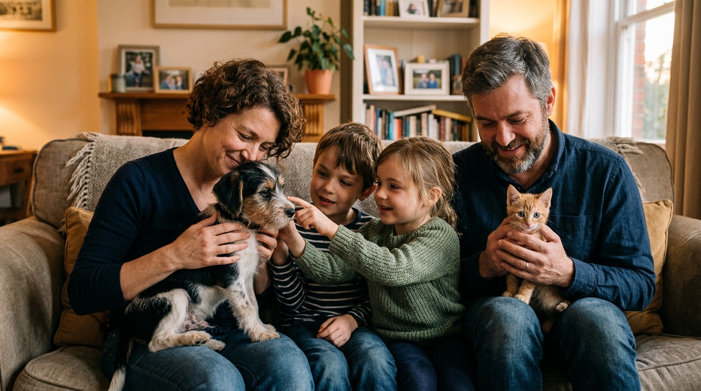 Family holding rescued puppy and kitten tenderly