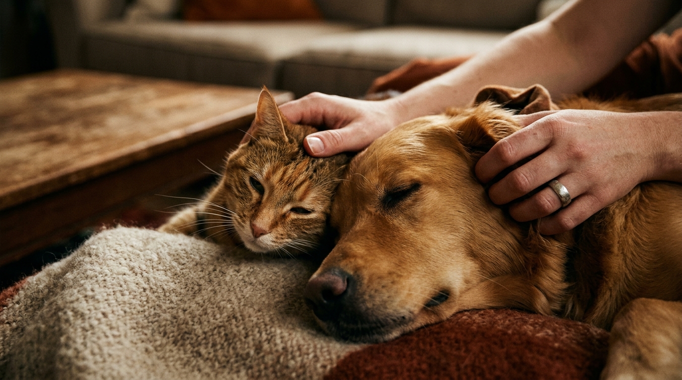 Gentle human hands stroking sleeping dog and cat