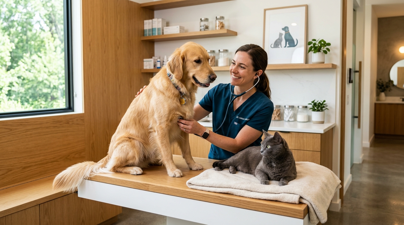 Veterinarian examining dog and cat gently