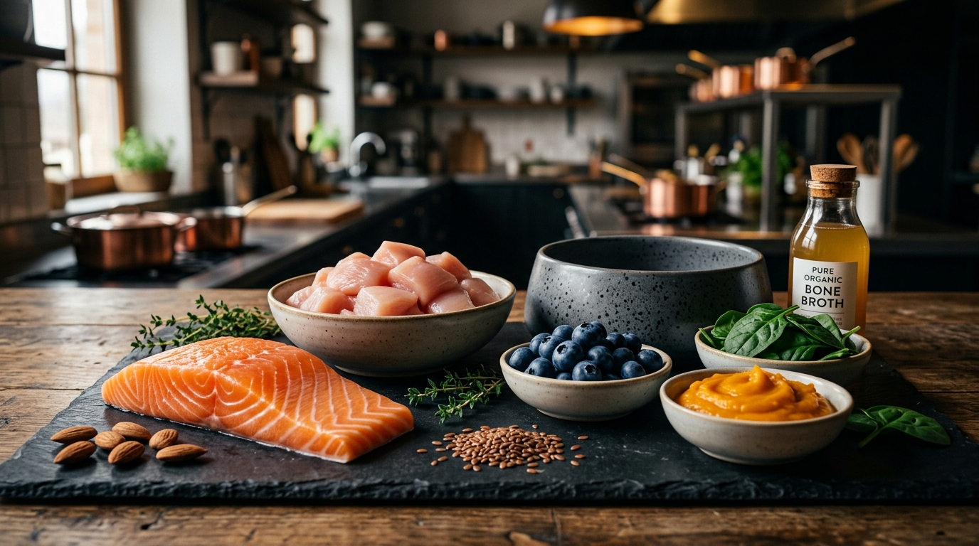 Fresh salmon, chicken, blueberries and bone broth for pets